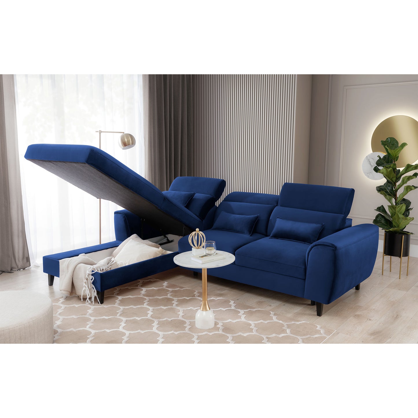 Foble Sectional Storage Sleeper Chaise Sofa - Royal Blue