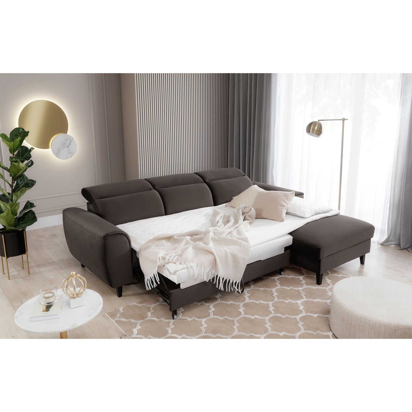 Foble Sectional Storage Sleeper Chaise Sofa - Dark Brown