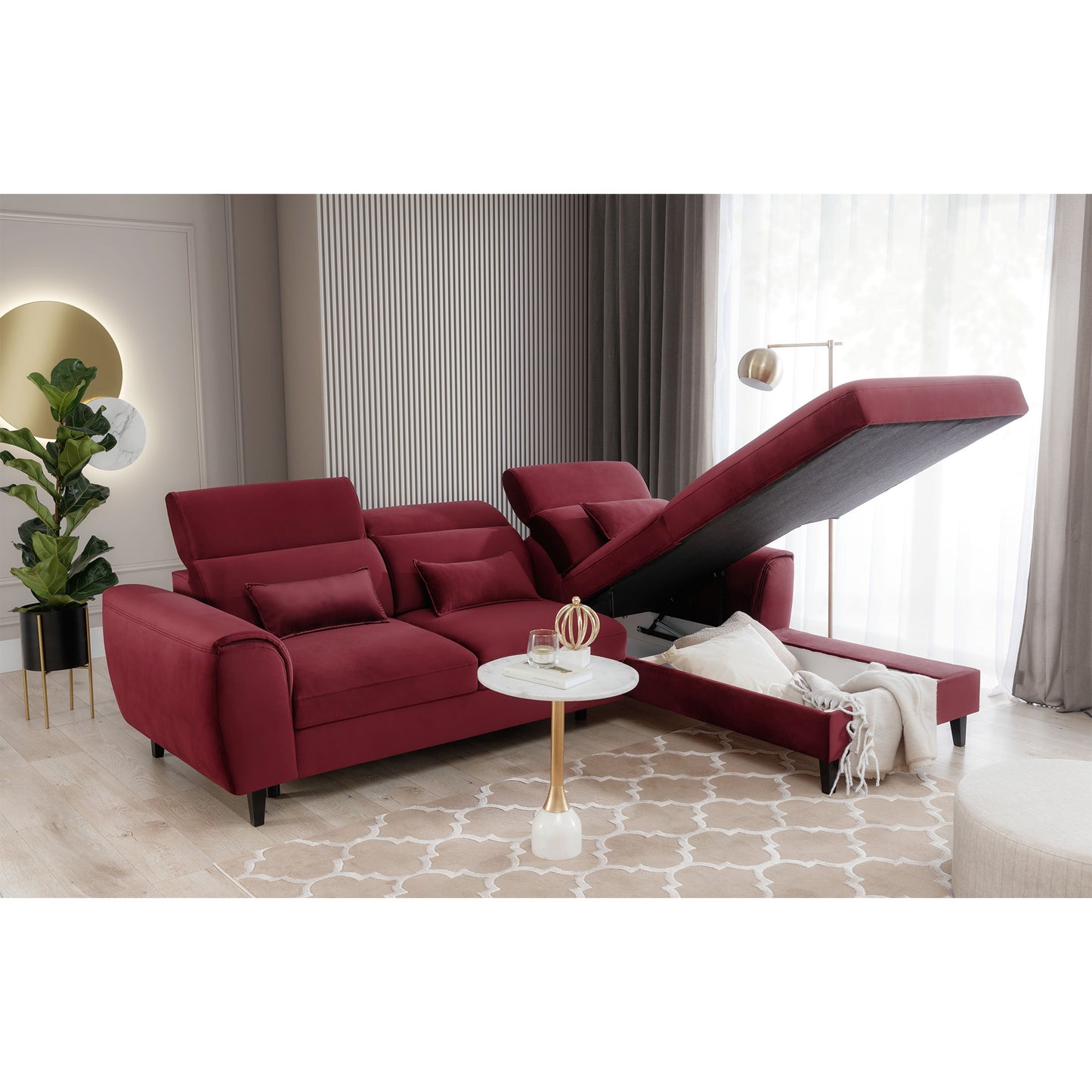 Foble Sectional Storage Sleeper Chaise Sofa - Burgundy