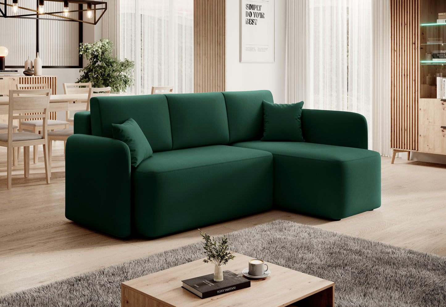 Hadson 3 Seater Storage Sleeper Chaise Sofa - Emerald Green