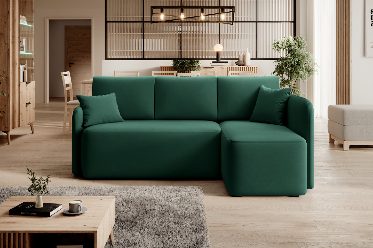 Hadson 3 Seater Storage Sleeper Chaise Sofa - Emerald Green