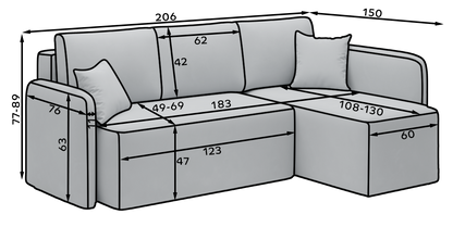 Hadson 3 Seater Storage Sleeper Chaise Sofa - Grey
