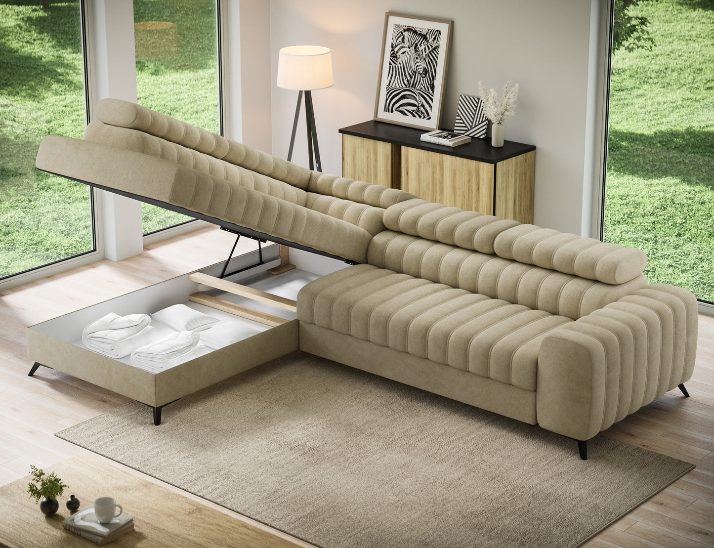 ReForm Creative Home Kanedo Storage Sleeper Sectional Sofa - Beige-Free Delivery-USA & CANADA