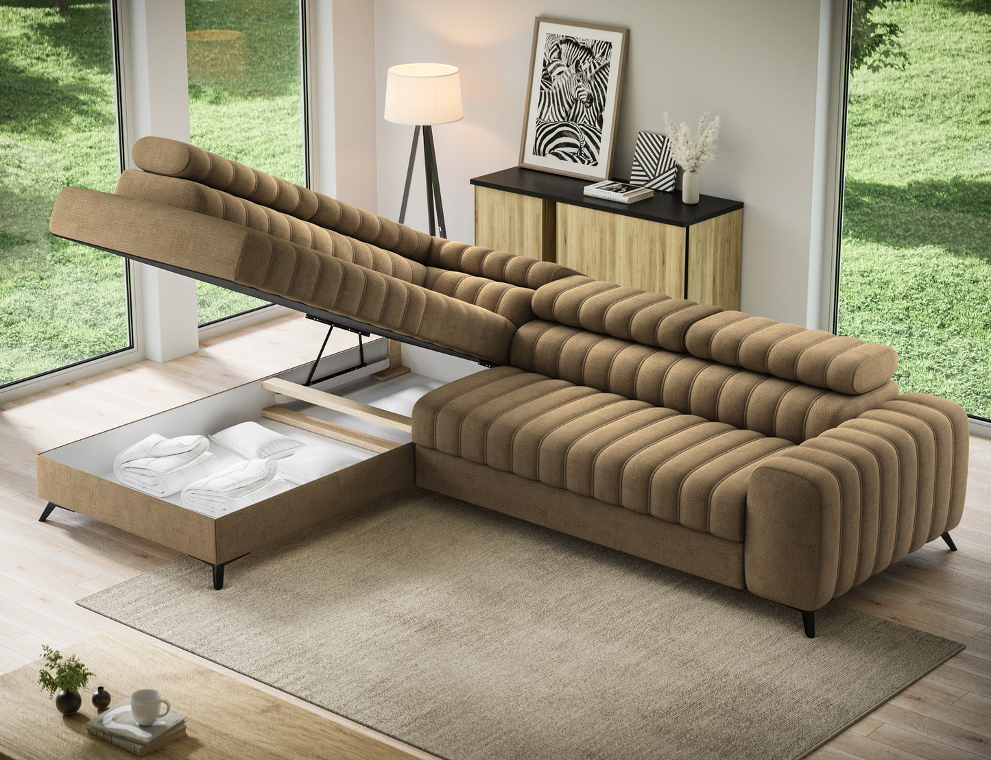 Kanedo Storage Sleeper Sectional Sofa - Mocha Brown-Free Delivery-USA & CANADA