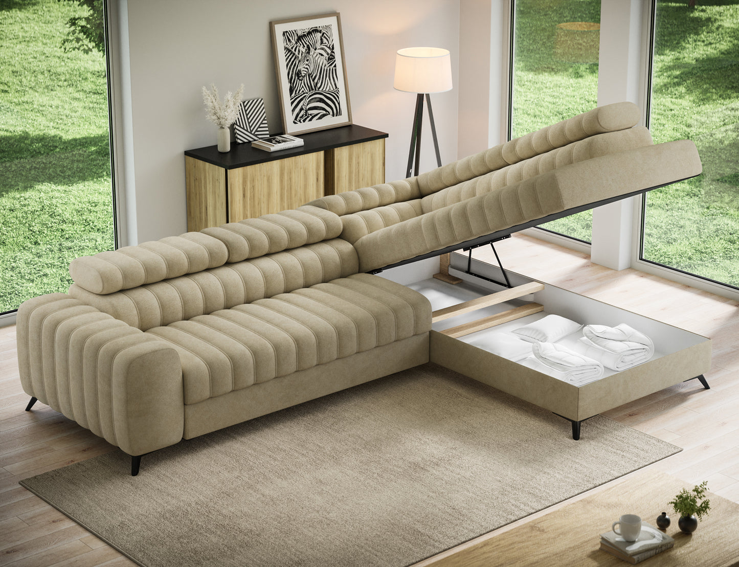 ReForm Creative Home Kanedo Storage Sleeper Sectional Sofa - Beige-Free Delivery-USA & CANADA