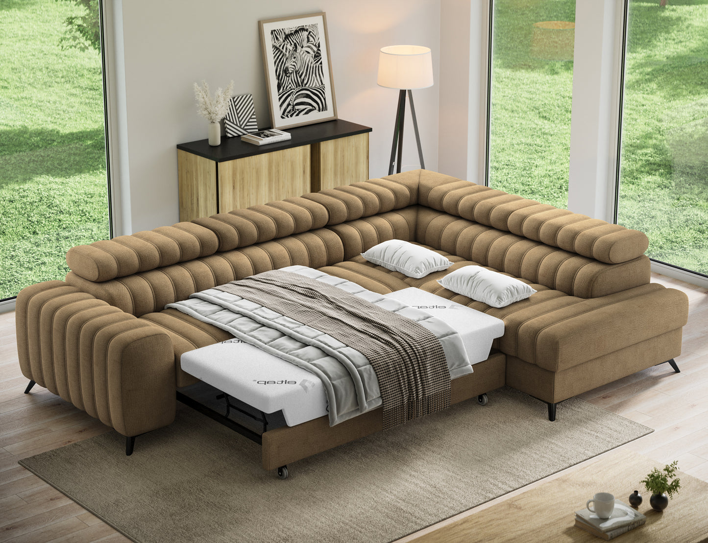 Kanedo Storage Sleeper Sectional Sofa - Mocha Brown-Free Delivery-USA & CANADA