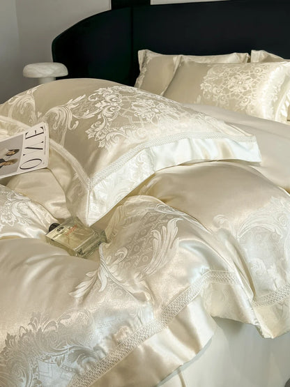 Celestia Satin Jacquard Luxury Duvet Set - Ivory/Light Grey/Blush
