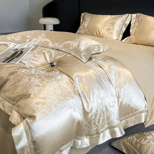 Celestia Satin Jacquard Luxury Duvet Set - Ivory/Light Grey/Blush