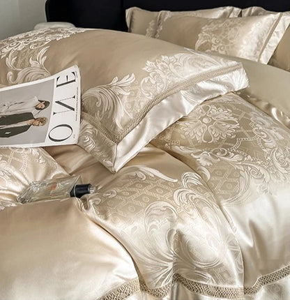 Celestia Satin Jacquard Luxury Duvet Set - Ivory/Light Grey/Blush