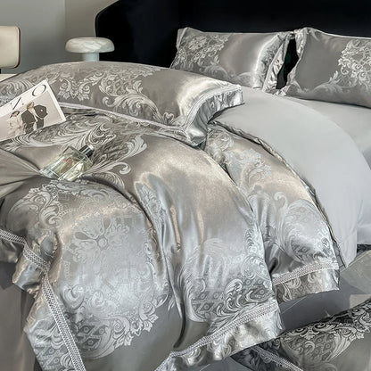 Celestia Satin Jacquard Luxury Duvet Set - Ivory/Light Grey/Blush
