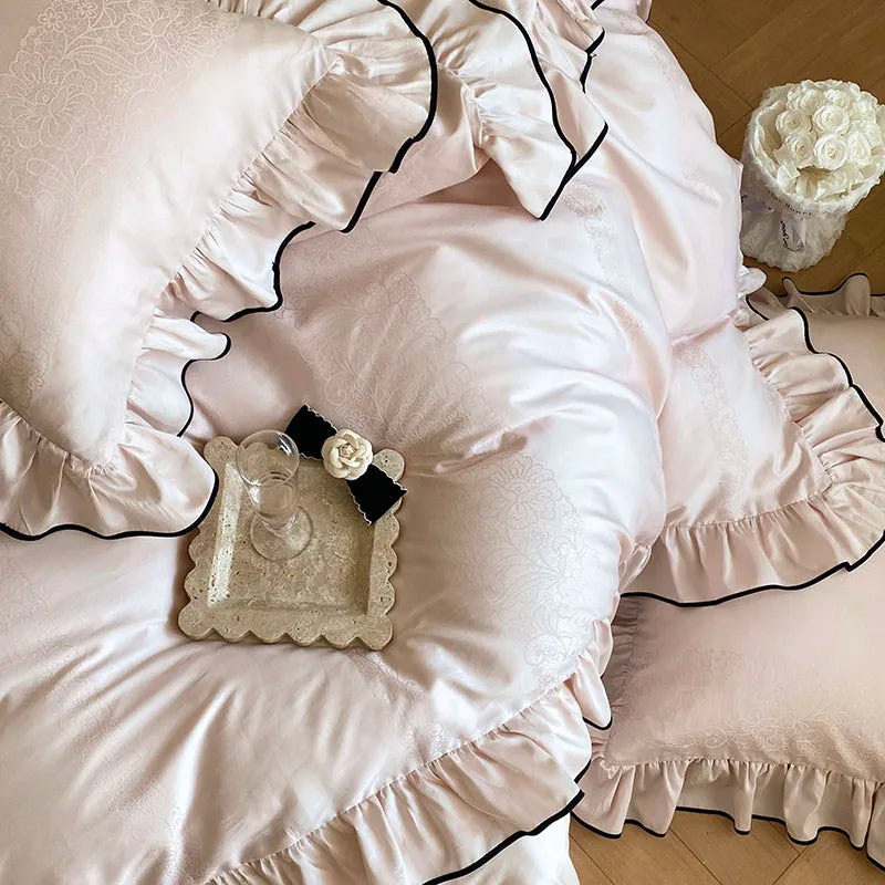 Château Ruffle Elegant 1000 TC Egyptian Cotton Duvet Set - Ivory/Blush
