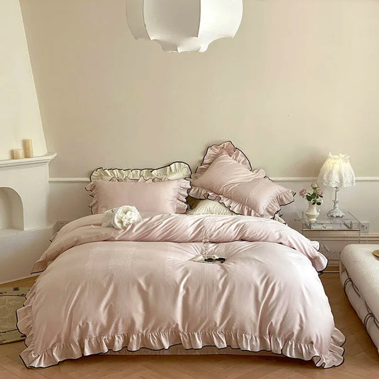 Château Ruffle Elegant 1000 TC Egyptian Cotton Duvet Set - Ivory/Blush