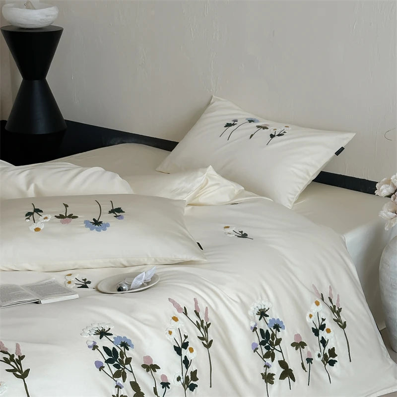 Royal Retreat Daisy Floral Embroidery 1000 TC Cotton Duvet Set - White