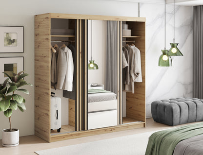 Emerio Mirrored 3 Sliding Door Freestanding Wardrobe - Maple Oak