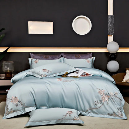 Eternal Bloom Embroidered 1000 TC Egyptian Cotton Duvet Set - Jade Green/Blush/Steel Blue