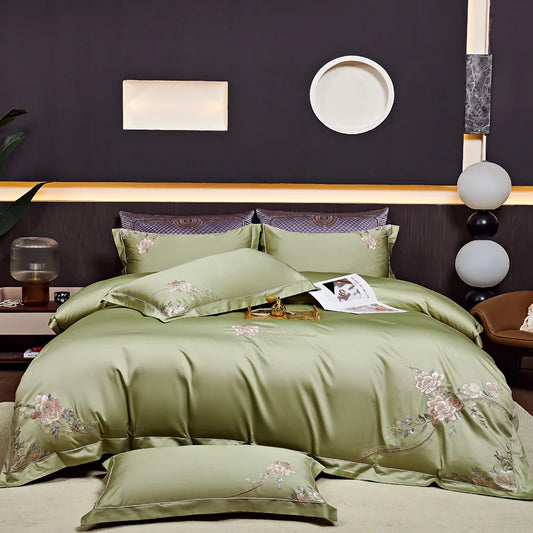 Eternal Bloom Embroidered 1000 TC Egyptian Cotton Duvet Set - Jade Green/Blush/Steel Blue