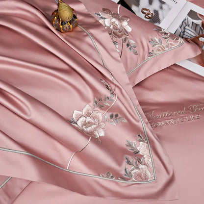 Eternal Bloom Embroidered 1000 TC Egyptian Cotton Duvet Set - Jade Green/Blush/Steel Blue