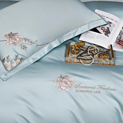 Eternal Bloom Embroidered 1000 TC Egyptian Cotton Duvet Set - Jade Green/Blush/Steel Blue