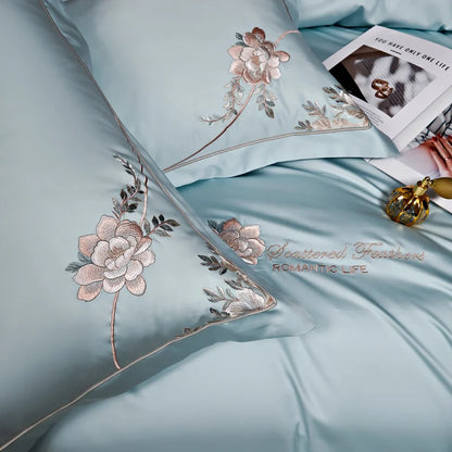 Eternal Bloom Embroidered 1000 TC Egyptian Cotton Duvet Set - Jade Green/Blush/Steel Blue