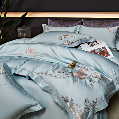 Eternal Bloom Embroidered 1000 TC Egyptian Cotton Duvet Set - Jade Green/Blush/Steel Blue