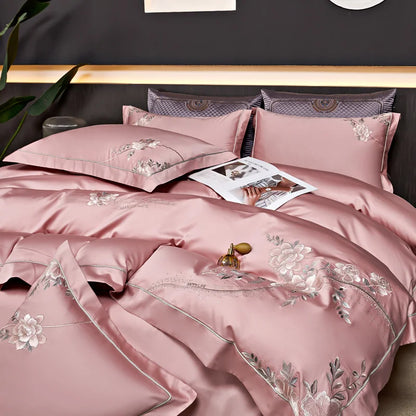 Eternal Bloom Embroidered 1000 TC Egyptian Cotton Duvet Set - Jade Green/Blush/Steel Blue