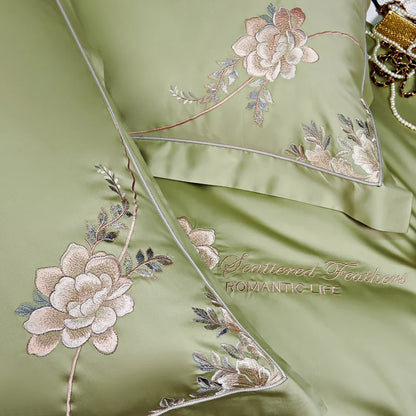 Eternal Bloom Embroidered 1000 TC Egyptian Cotton Duvet Set - Jade Green/Blush/Steel Blue