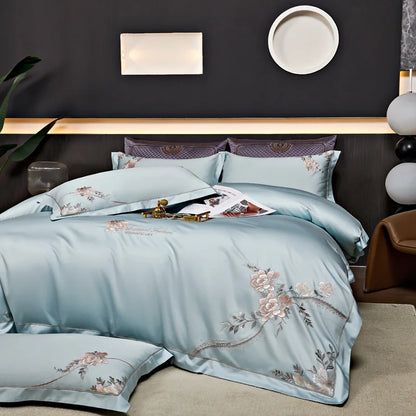 Eternal Bloom Embroidered 1000 TC Egyptian Cotton Duvet Set - Jade Green/Blush/Steel Blue