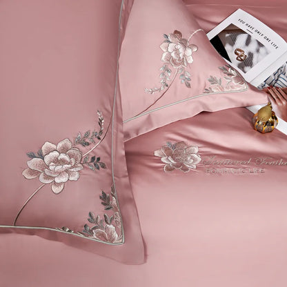 Eternal Bloom Embroidered 1000 TC Egyptian Cotton Duvet Set - Jade Green/Blush/Steel Blue