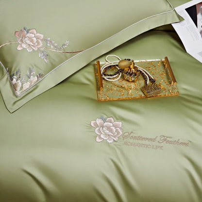Eternal Bloom Embroidered 1000 TC Egyptian Cotton Duvet Set - Jade Green/Blush/Steel Blue