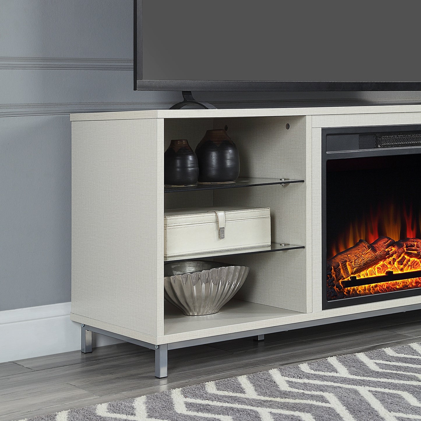 Firey 60" TV Stand/Fireplace with Glass Shelves - Beige Gloss