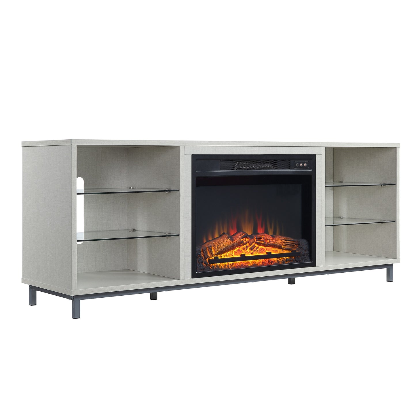Firey 60" TV Stand/Fireplace with Glass Shelves - Beige Gloss