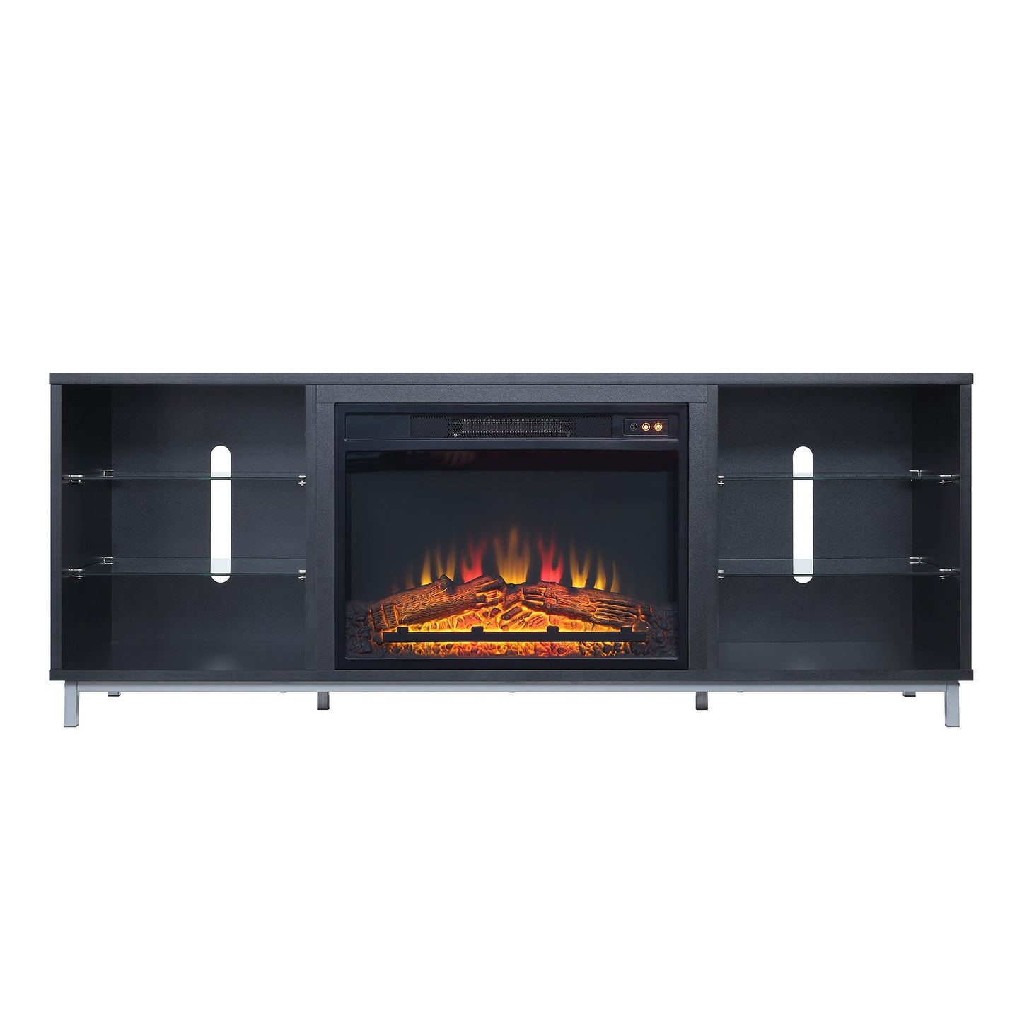 Firey 60" TV Stand/Fireplace with Glass Shelves - Black Gloss
