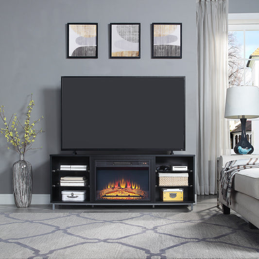 Firey 60" TV Stand/Fireplace with Glass Shelves - Black Gloss