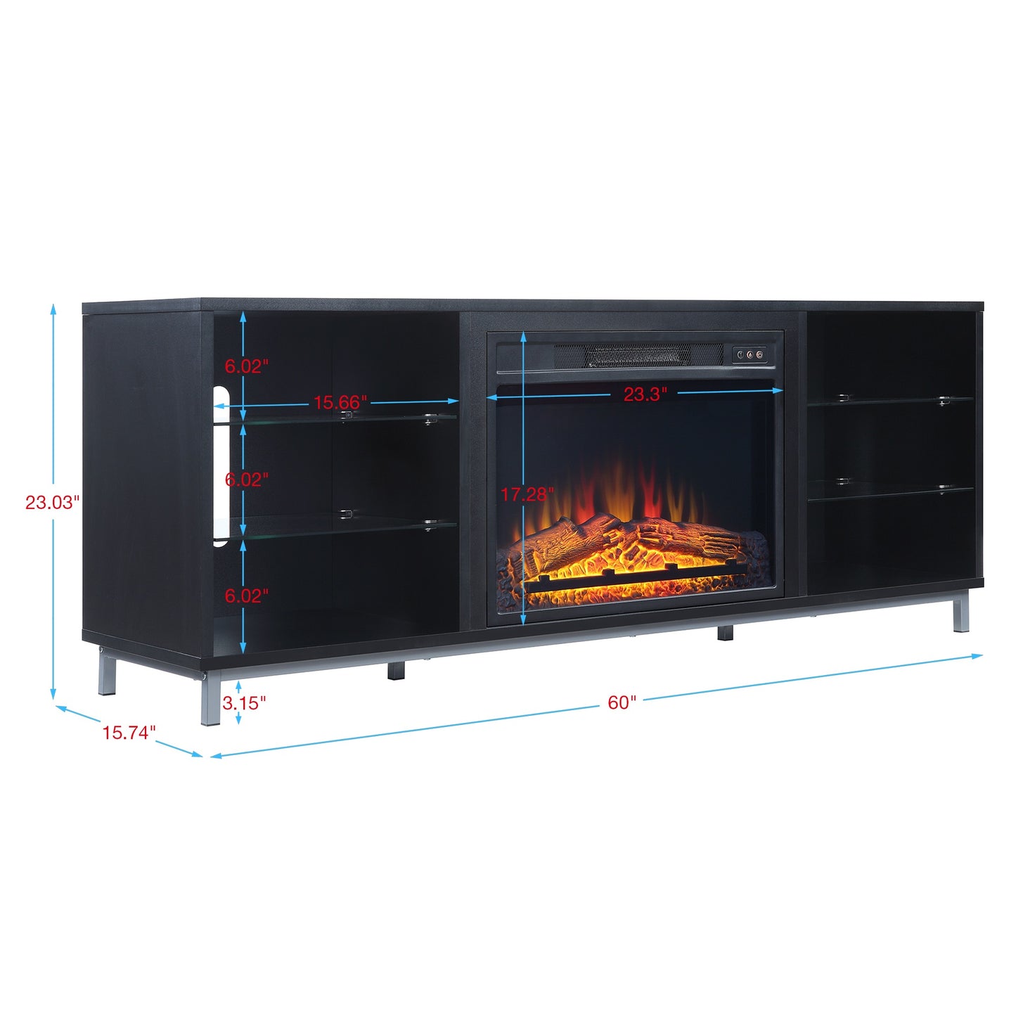 Firey 60" TV Stand/Fireplace with Glass Shelves - Black Gloss