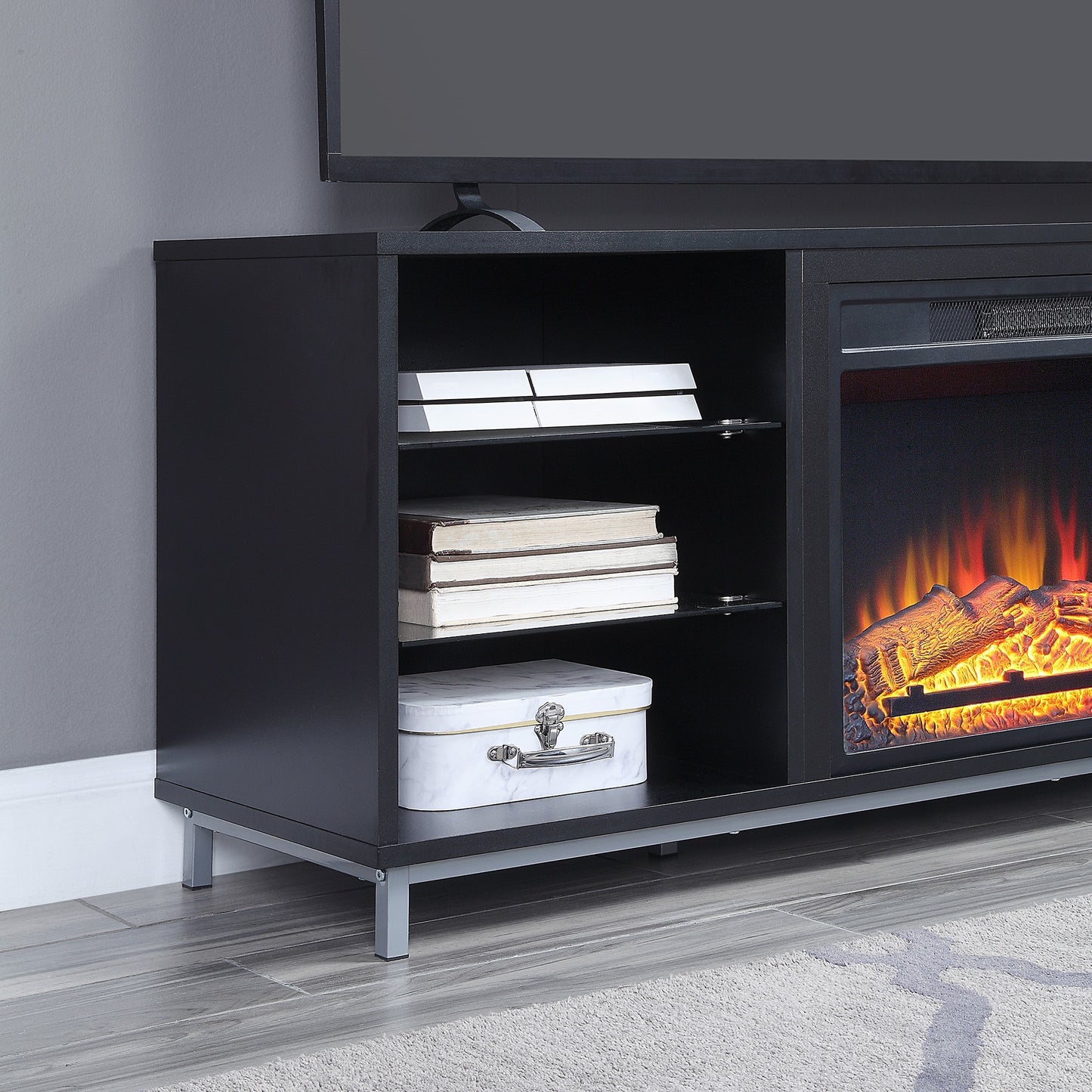 Firey 60" TV Stand/Fireplace with Glass Shelves - Black Gloss