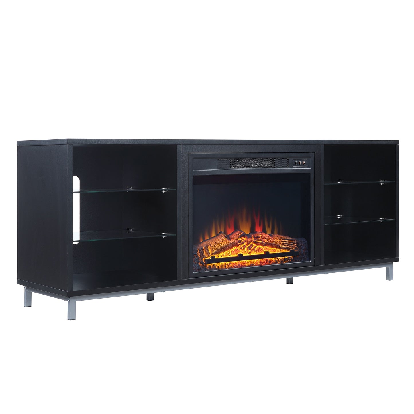 Firey 60" TV Stand/Fireplace with Glass Shelves - Black Gloss
