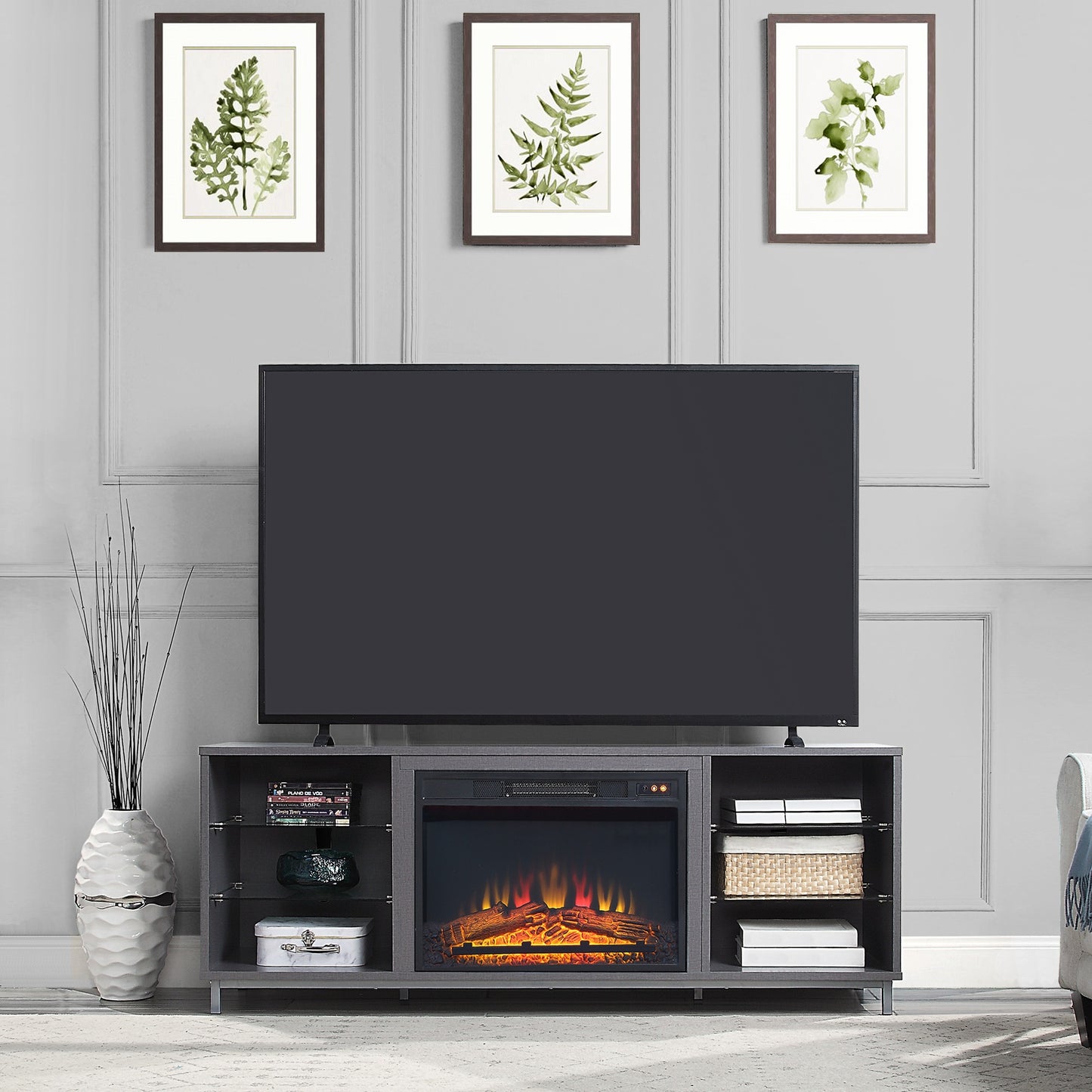 Firey 60" TV Stand/Fireplace with Glass Shelves - Grey Gloss