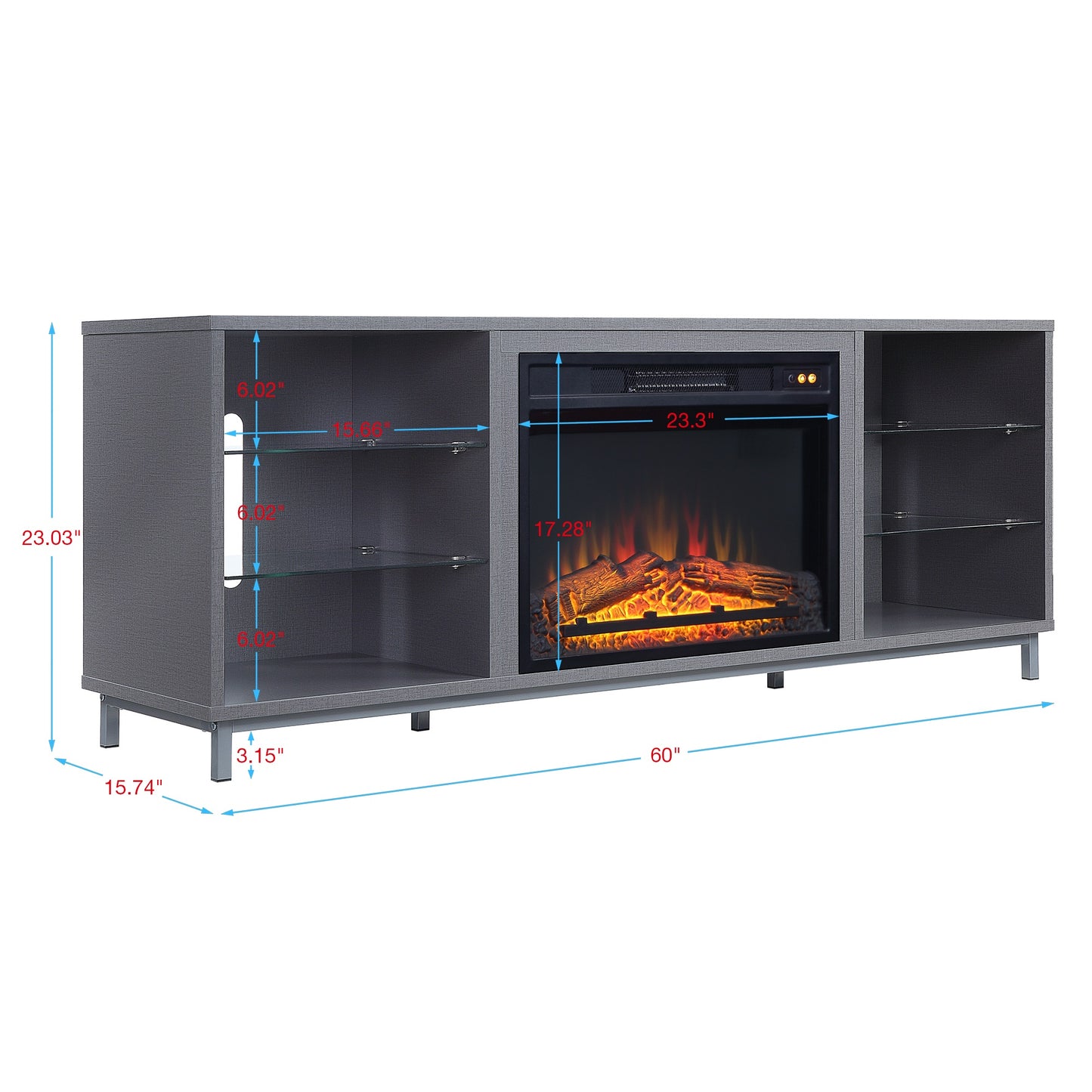 Firey 60" TV Stand/Fireplace with Glass Shelves - Grey Gloss