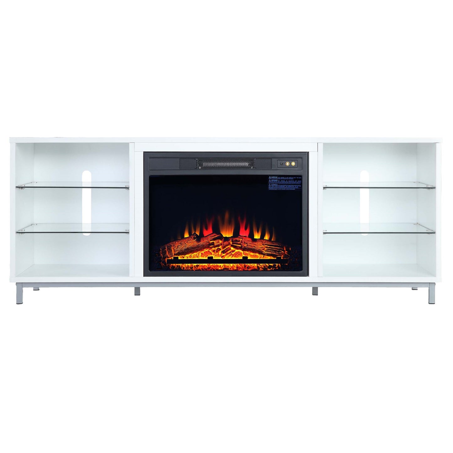 Firey 60" TV Stand/Fireplace with Glass Shelves - White Gloss