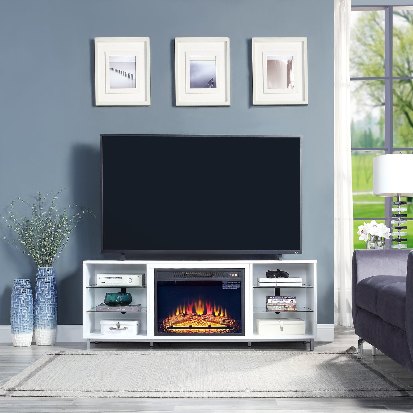 Firey 60" TV Stand/Fireplace with Glass Shelves - White Gloss