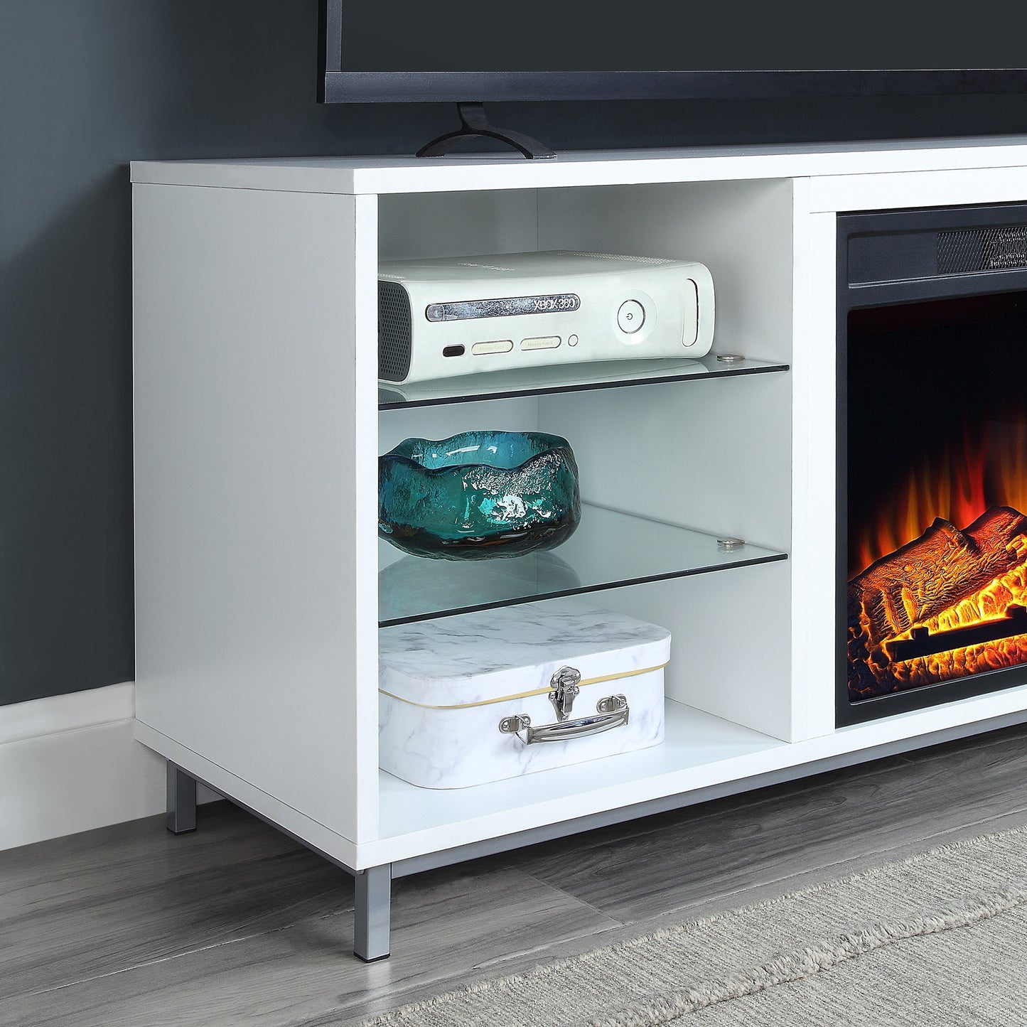 Firey 60" TV Stand/Fireplace with Glass Shelves - White Gloss