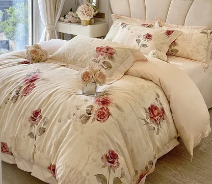 Floral Rose Jacquard Egyptian Cotton 1000 TC Duvet Set - Ivory