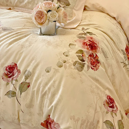 Floral Rose Jacquard Egyptian Cotton 1000 TC Duvet Set - Ivory