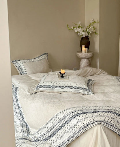 French Chateau Vintage Style Premium 4 Pc Cotton Linen Duvet Set - Cream