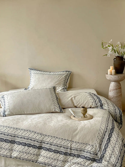 French Chateau Vintage Style Premium 4 Pc Cotton Linen Duvet Set - Cream