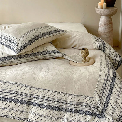 French Chateau Vintage Style Premium 4 Pc Cotton Linen Duvet Set - Cream