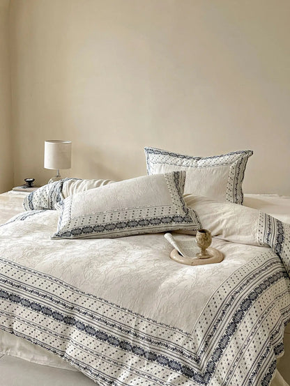 French Chateau Vintage Style Premium 4 Pc Cotton Linen Duvet Set - Cream