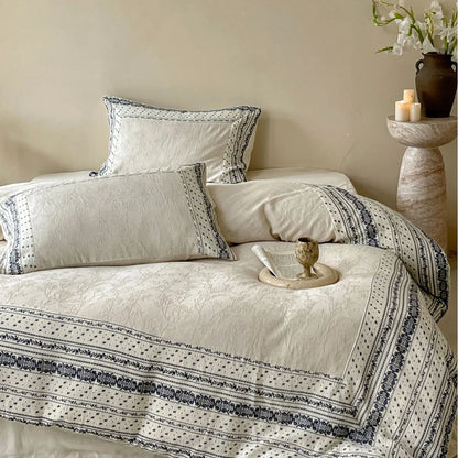 French Chateau Vintage Style Premium 4 Pc Cotton Linen Duvet Set - Cream