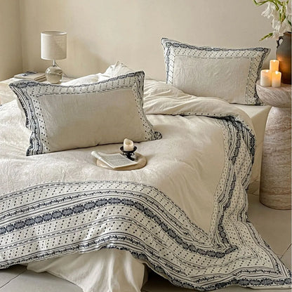 French Chateau Vintage Style Premium 4 Pc Cotton Linen Duvet Set - Cream