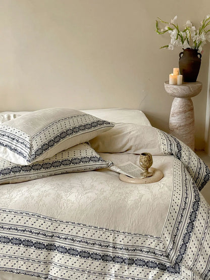 French Chateau Vintage Style Premium 4 Pc Cotton Linen Duvet Set - Cream